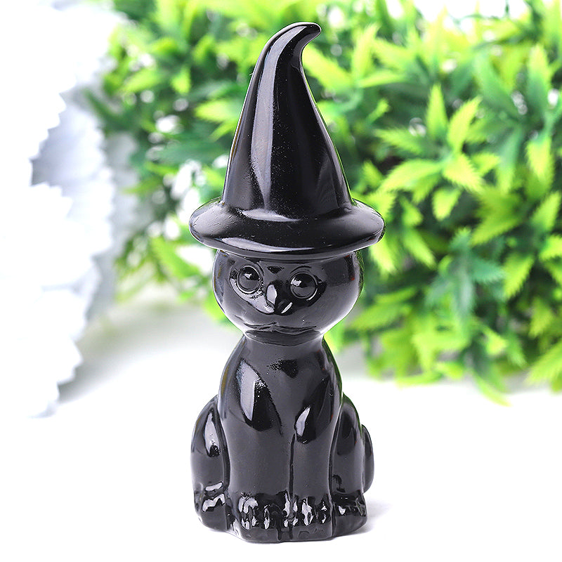 3.8" Black Obsidian Cat with Wizard Hat for Halloween