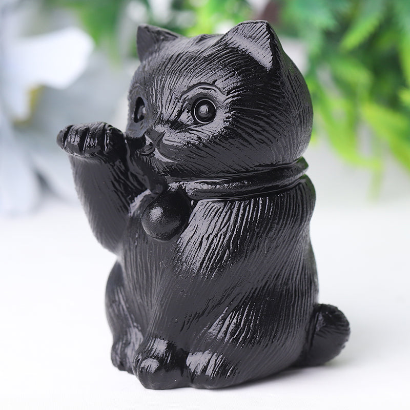 Black Obsidian Cute Cat Crystal Carvings for Halloween