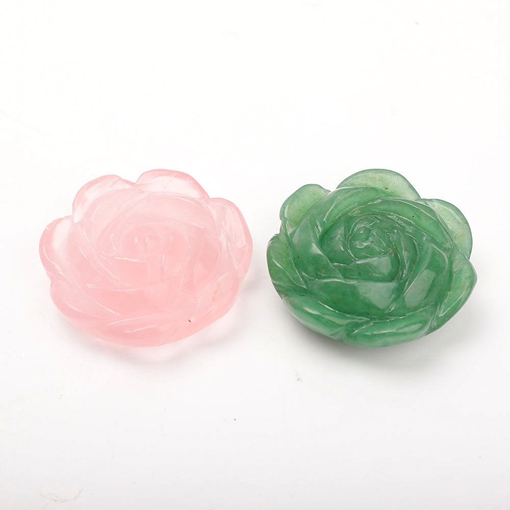 Set of 2 Aventurine Rose Quartz Flower Carvings