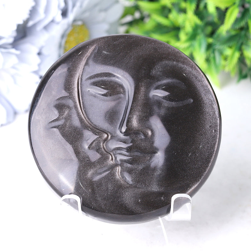 3.5" Silver Obsidian Sun Moon Crystal Carvings Free Form