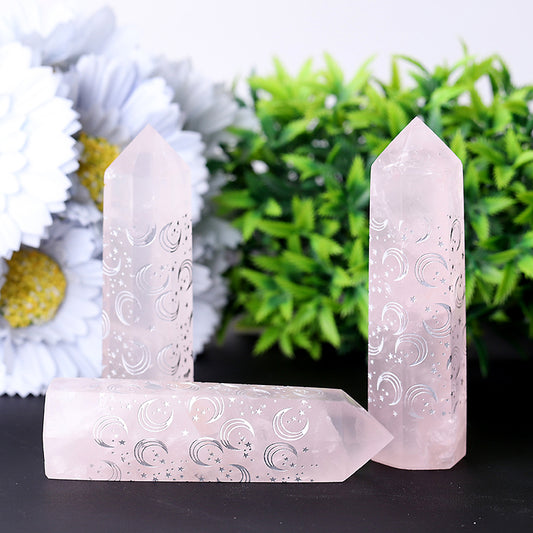 3.6" Rose Quartz with Moon Printing Crystal Point