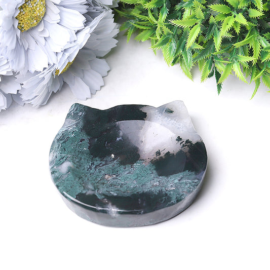 3.5" Moss Agate Cat Head Bowl Crystal Carvings