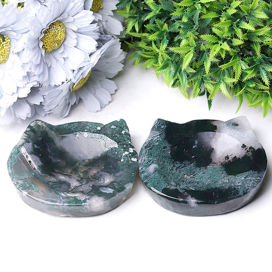 3.5" Moss Agate Cat Head Bowl Crystal Carvings