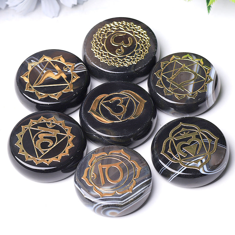1 Set Agate Round Piece with Chakra Printed Runes Palm Stone