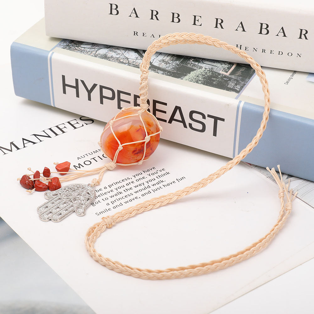 Straw Rope Wrapped Carnelian Stone Adjustable Necklace