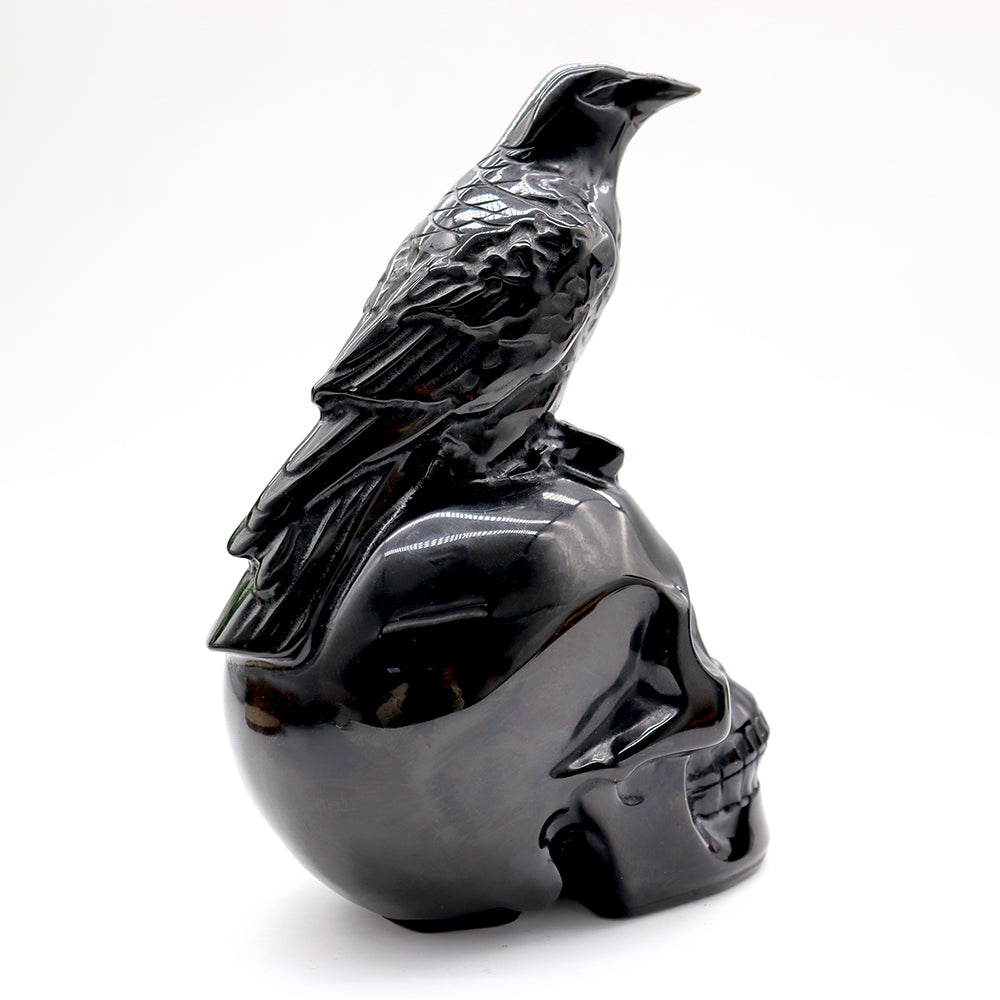 Black Obsidian Skull with Crow - Skull Carving, Obsidian Skull for Halloween